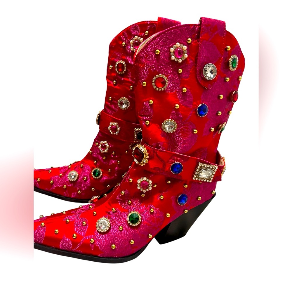 πΌπππNWOT AZALEA WANG DILIGENT RED BROCADE AND GEMS WESTERN BOOTIE. No box - Picture 13 of 15